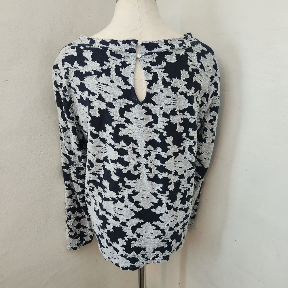 Loft Navy Blue Gray Textured Jacquard Long Sleeve Boat Neck Top Large - Picture 2 of 7